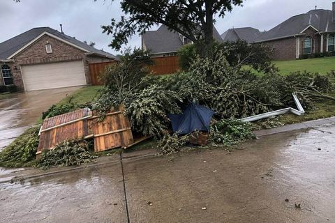 Storm-downed branches and broken fence panels piled at the curb